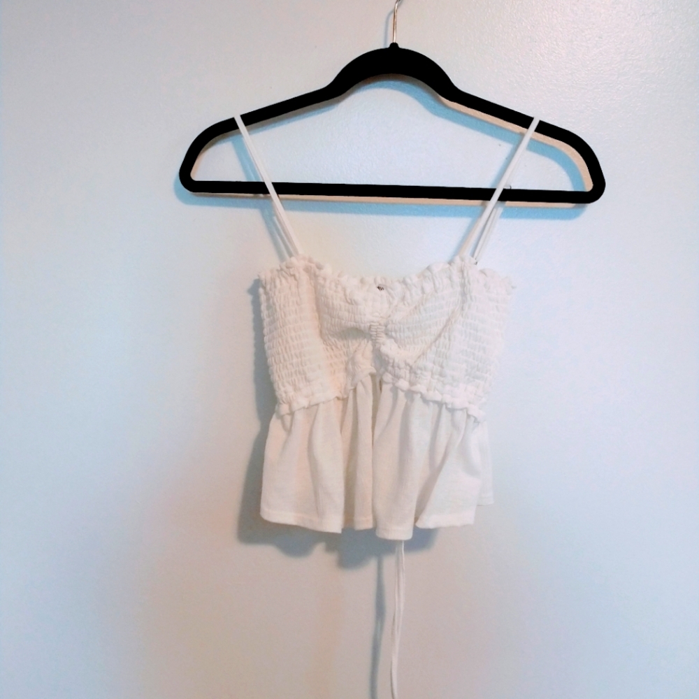 Blashe white crop top, shirred body with babydoll fit and spaghetti straps size
